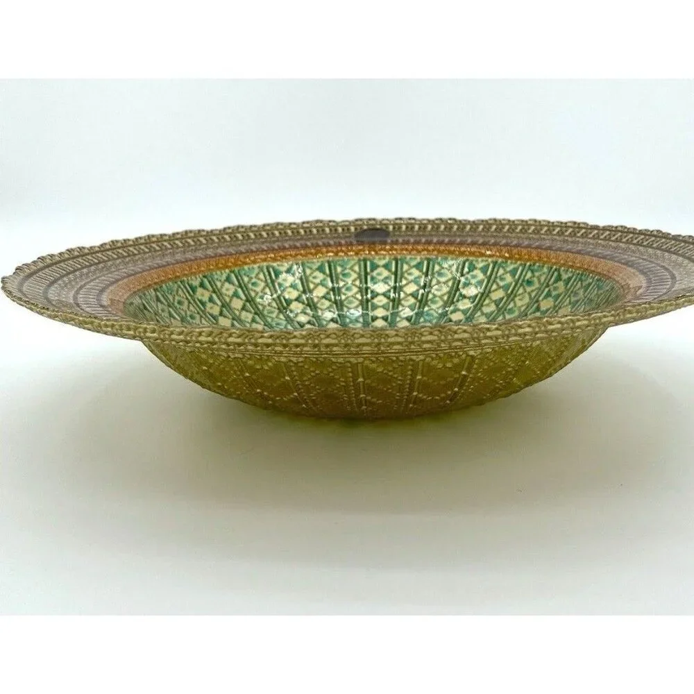 Turkish Glass Round Bowl Dinner Display Gold Lace Print 13.75
